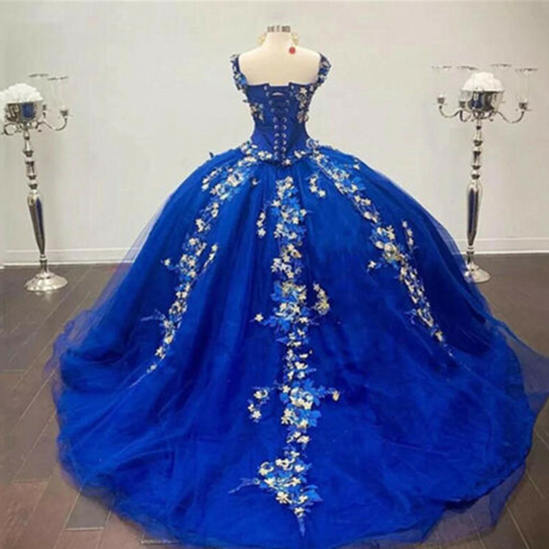 Royal Blue Quinceanera Dresses Sweetheart Flowers Prom Party Sweet 16 Ball Gown Plus Size Prom Party Gowns