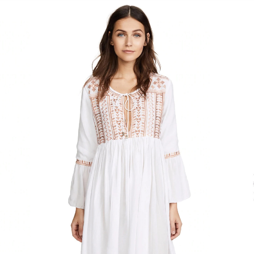 Embroidery Cotton Beach Cover up Saida de Praia Swimsuit Women Bikini cover Tunics for Pareo Sarong wear #Q510 210420