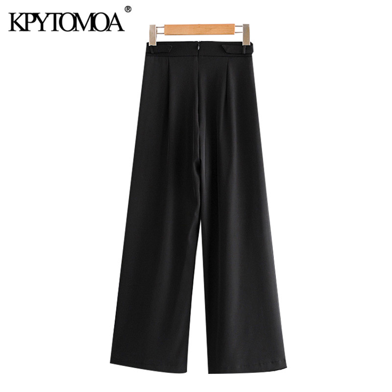 Women Fashion With Buckles Pleated Wide Leg Pants High Waist Back Zipper Female Ankle Trousers Mujer 210420