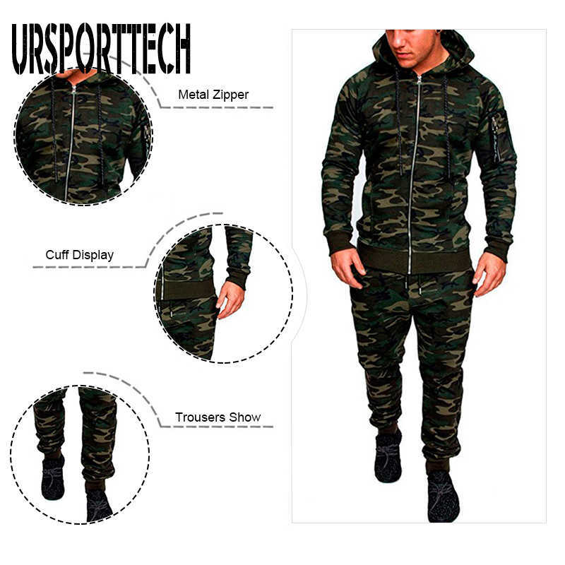 Camo Tracksuit Men Set Spring Autumn Sweat Suit Set Mens Sporting Clothing Hoodie and Sweatpants 2 Pieces Jogger Outfit 210528