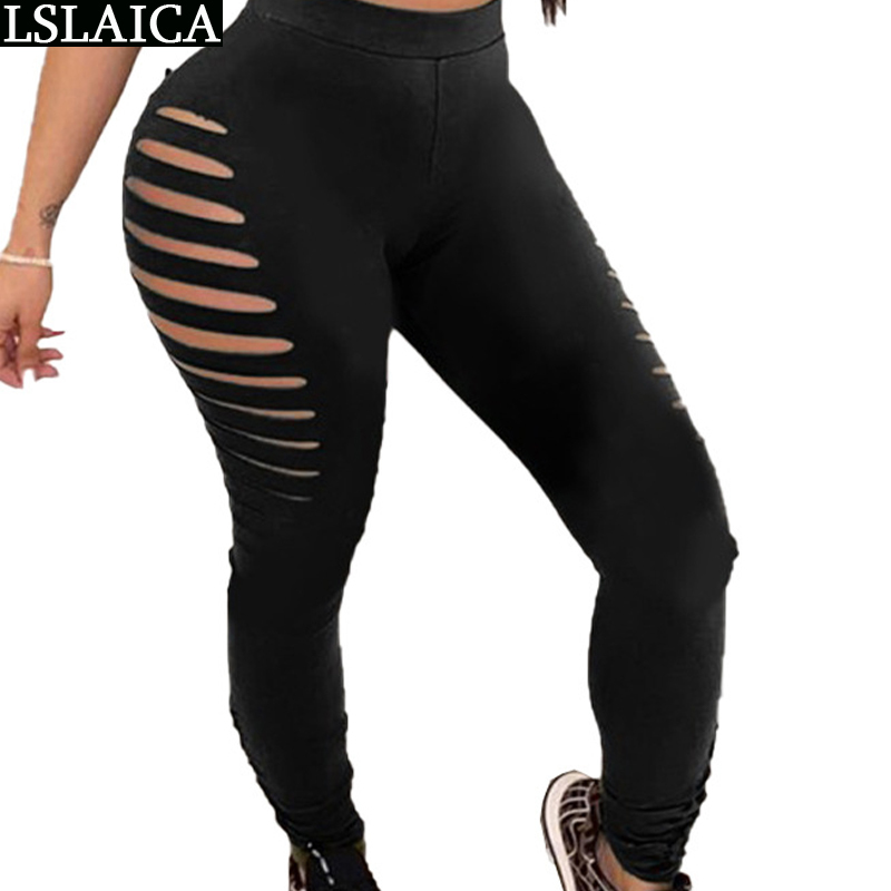 Fashion Women High Waist Pants Black Hole Elastic Skinny Ladies Joggers Long Pencil Trousers Sportswear Femme Pantalon 210515