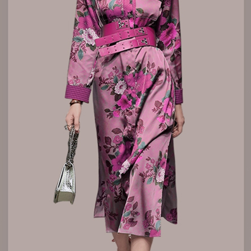 Autumn Vintage Elegant England Style Purple Flower Midi Dress Women Lady Office work Dresses Lapel neck Casual With Belt 210506