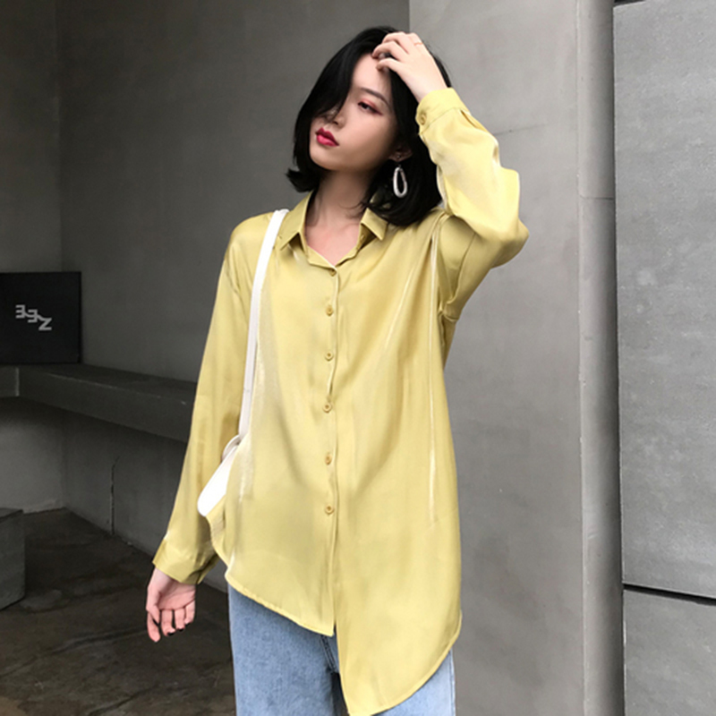 Arrival Spring Autumn Women Long Sleeve Asymmetry Loose Shirts Lustre Satin Face Lacing Blouse Tops Female Blusas S429 210512