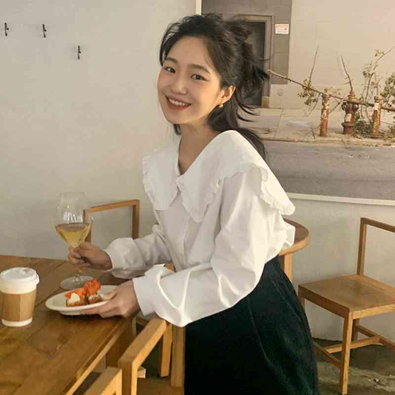 Sweet Ruffled Plus Size White Peter Pan Collar Blouse Women Puff Long Sleeve Loose Chic Office Lady Tops Blusas Mujer Wild 210429