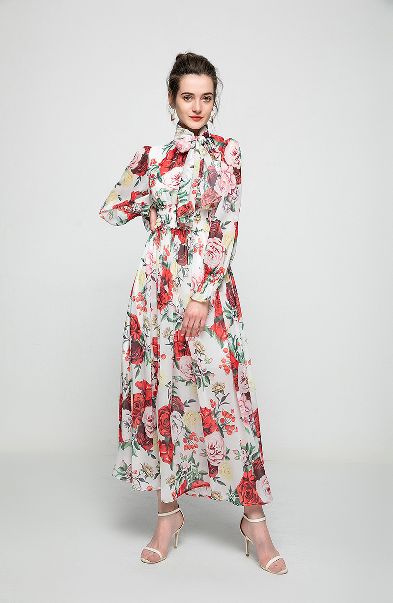 Women's Runway Dresses O Neck Long Sleeves Floral Printed Elastic Waist Fashion Maxi Dress with Scarf