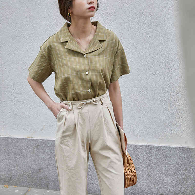 Elegant Notched Collar Plaid Blouse Batwing Short Sleeve Office Casual Shirt Summer Loose Ladies Tops Vetement Femme 210508