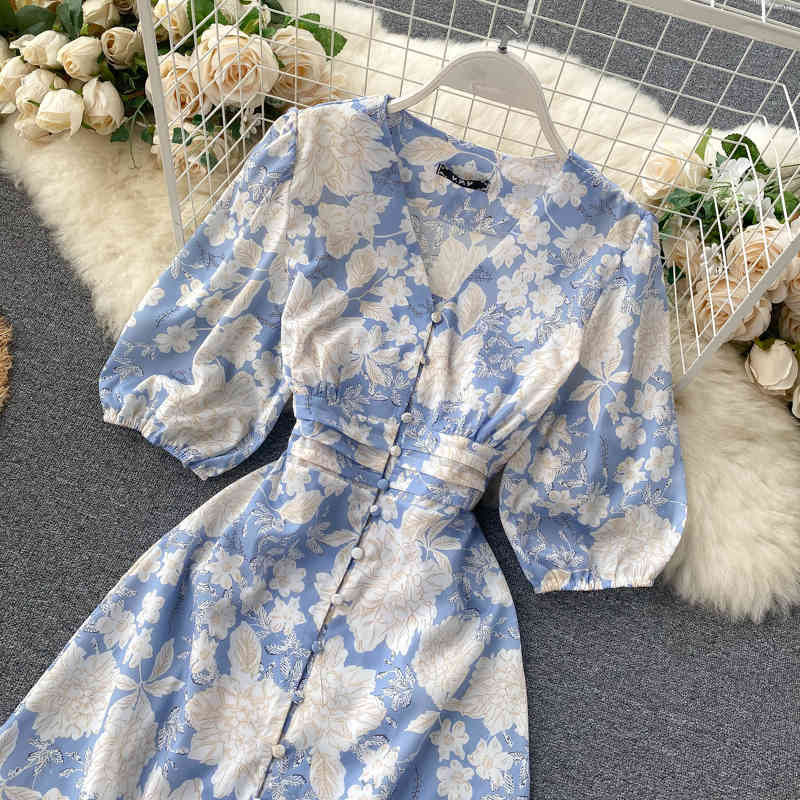 FMFSSOM Summer Spring Floral Printed V-neck Single Breasted Puff Sleeve Women Female A-line High Waist Midi Dress 210329