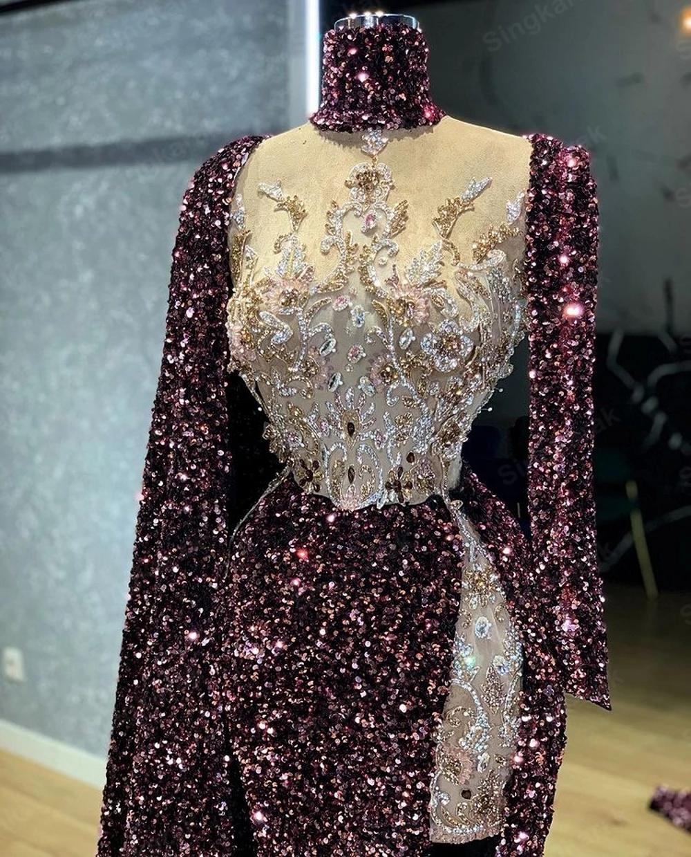 Sparkly Evening Dresses Burgundy Sequine AppliqueMermaid Prom Dress With Long Sleeves Front Split Sweep Train Formal Special Occasion Gowns Robe de ma