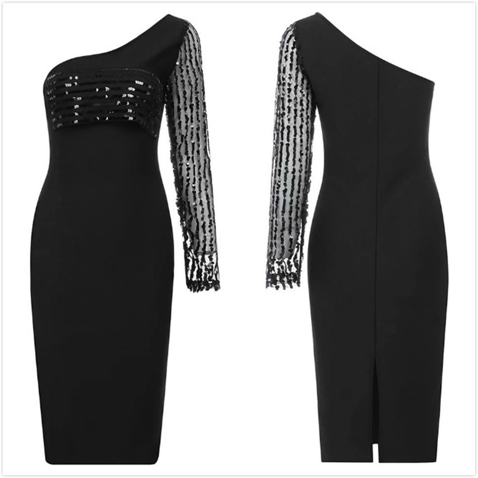 Free Autumn Style One Shoulder Long Sleeve Bandage Dress Women Sexy Bodycon Sequined Club Party Vestidos 210524