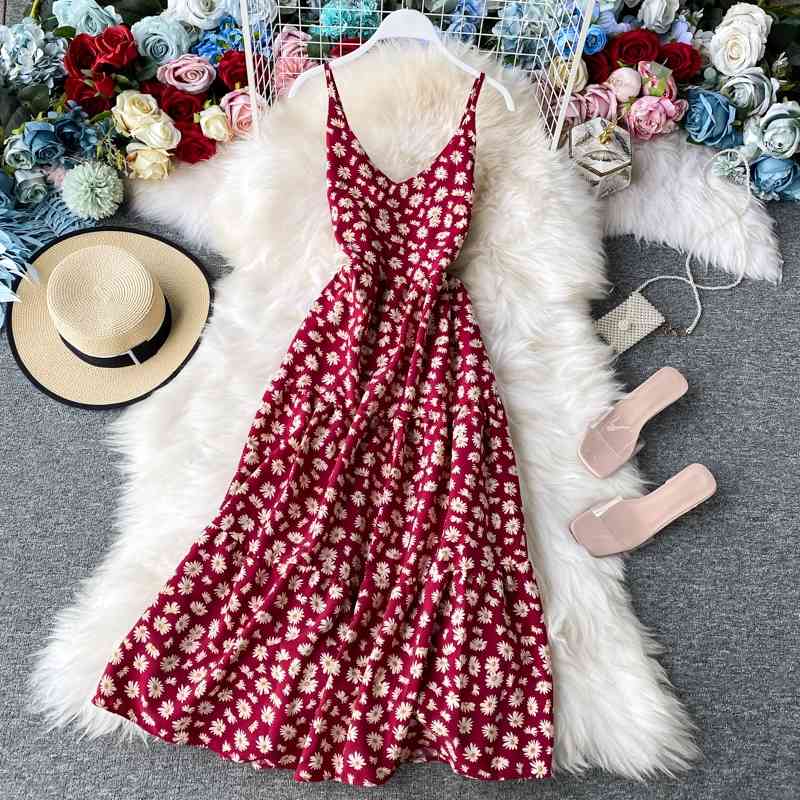 LY VAREY LIN Summer Sexy Spaghetti Strap Floral Dress A Line V neck Sleeveless High Waist Mid-Calf Lady 210526
