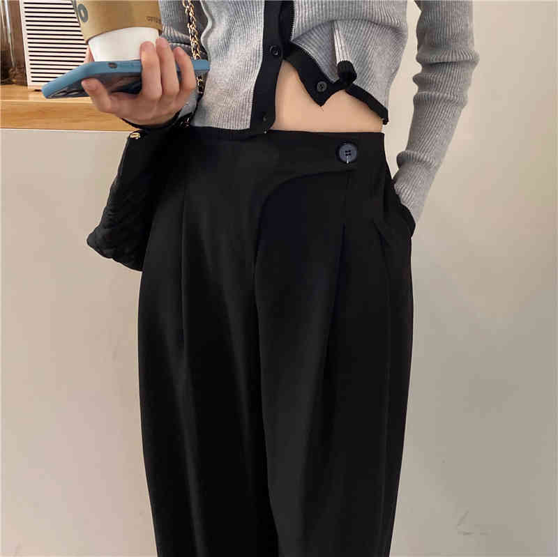 Women's Loose Wide Leg Pants Autumn Spring Solid High Waist Side Button Long Trousers Female Office Lady Suit Straight Pant 210514