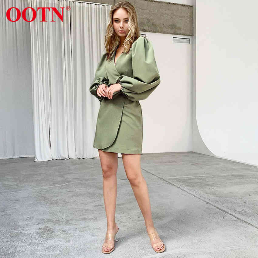 OOTN Purple Asymmetry Mini Dress Tunic High Waist Ladies Elegant Sexy V Neck Lantern Long Sleeve Green Dresses Womens Fashion 210409