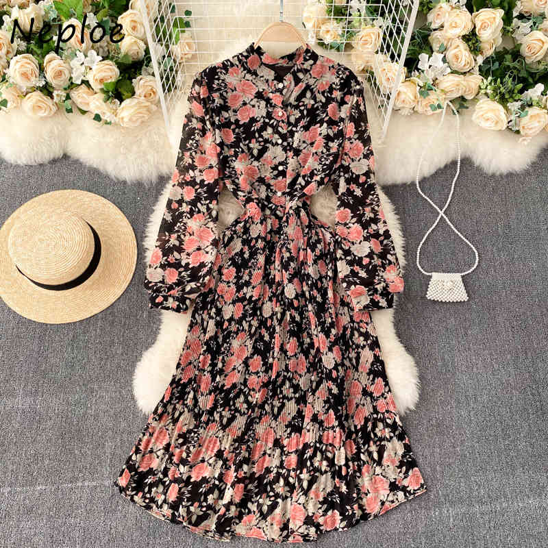 Neploe O Neck Pullover Long Sleeve Dress Women High Waist Hip A Line Print Vestidos Mujer Spring New Draped Robe Slim Dress 210422