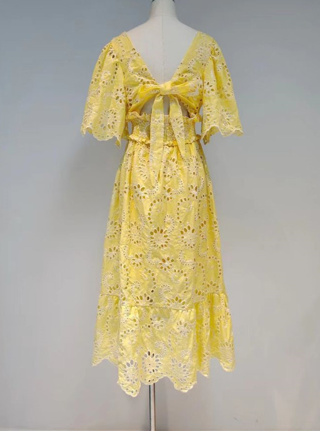 DEAT summer fashion women clothes short sleeves lace hollow out bow backless high waist pullover dress WR51707L 210428