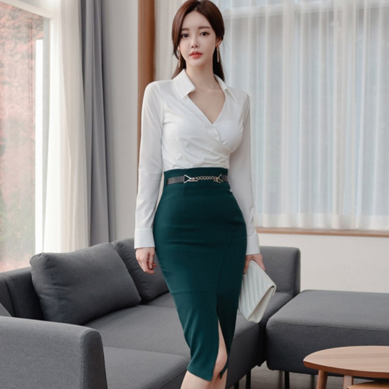 Spring Ladies Elegant Office OL 2 Pieces Set Sexy V-Neck White Blouse & High Waist Bodycon Pencil Skirt Suit 210519