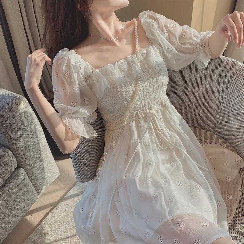 French Summer Dress Women White Puff Sleeve Korean Style Fairy Dress Lace Chiffon Japan Style Kawaii Elegant Vintage Dress 210630