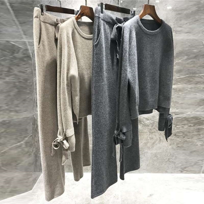 winter High Quality Cashmere knitted Two piece set Bow Long sleeve pullover Sweater + Elastic wiast Tracksuits pants suit 210520
