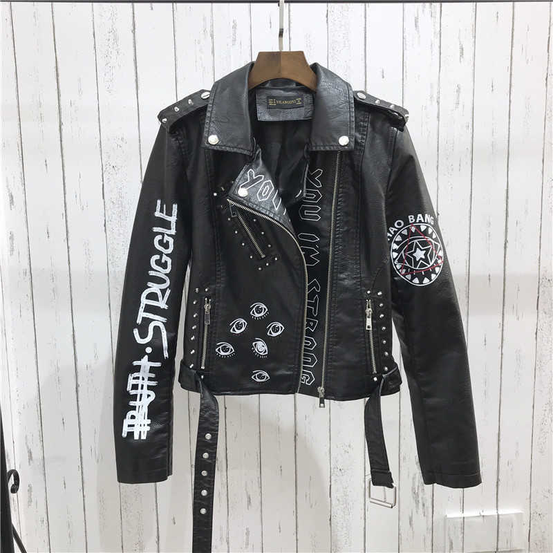 Graffiti Rivet Letters Locomotive Leather Jacket Fashion Women Short Jackets PU Waterproof Cool Coat Dropship 211014
