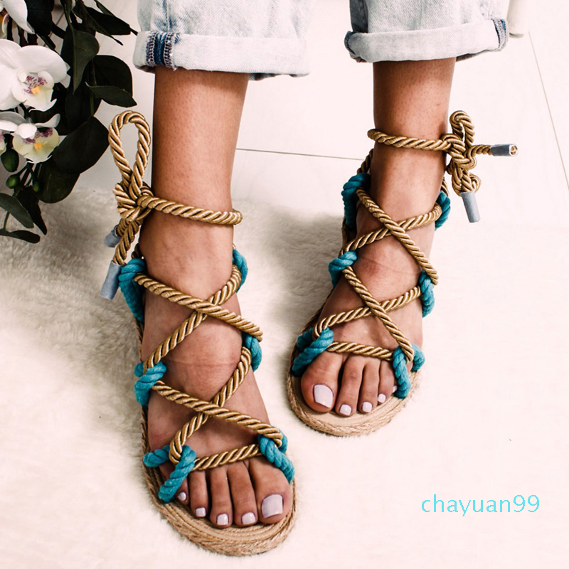 Women Sandals 2021 Fashion Summer Shoes Woman Flat Sandals Hemp Rope Lace Up Gladiator Sandals Non-slip Beach Chaussures