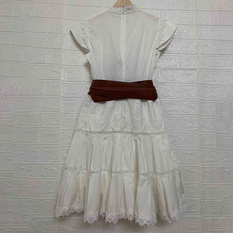 VGH Patchwork Lace White Dress For Women Stand Collar Sleeveless High Waist Sashes Midi Dresses Female Fashion Clothing 210421