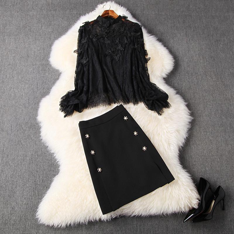 Est 2021 Stylish Runway Suit Set Women's Long Sleeve Lace Blouse Top Strass Buttons Skirt Two Piece Dress
