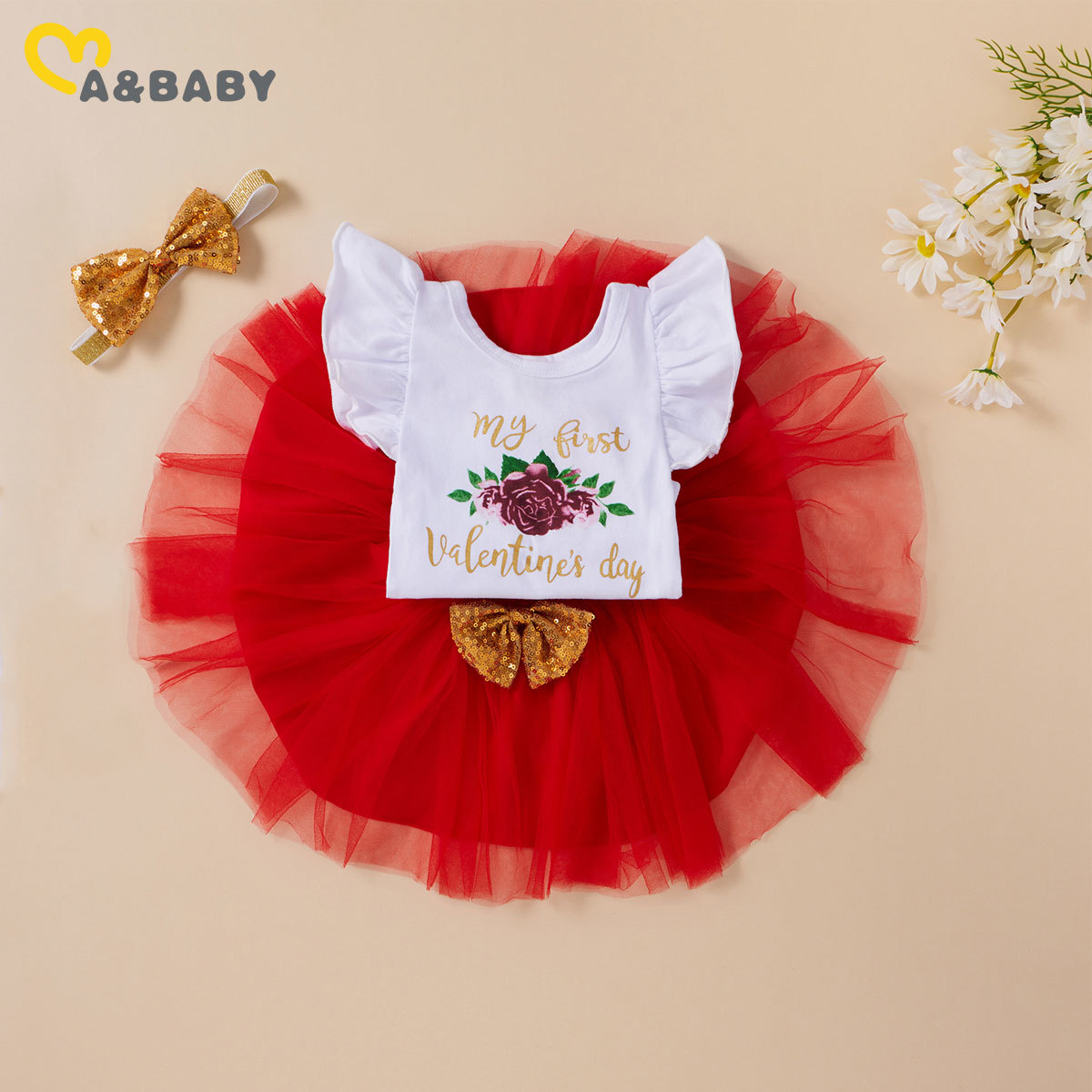 3-12M Valentines Day Baby Girl Outfits Toddler born Infant Girls Letter Flower Romper Red Skirts Leg warmer Headband 210515