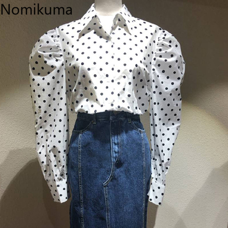 Nomikuma Korean Dot Causal Women Blouse Puff Sleeve Turn-down Collar Shirt Spring New Blusas Mujer De Moda Verano 6E815 210427