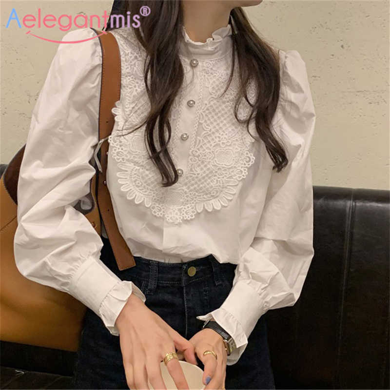 Aelegantmis Ruffles Pearl Button Women Elegant Floral Blouse Shirt Stand Collar Korean Spring Female Lace 210607, White 
Aelegantmis Ruffles Pearl Button Women Elegant Floral Blouse Shirt Stand Collar Korean Spring Female Lace 210607, White