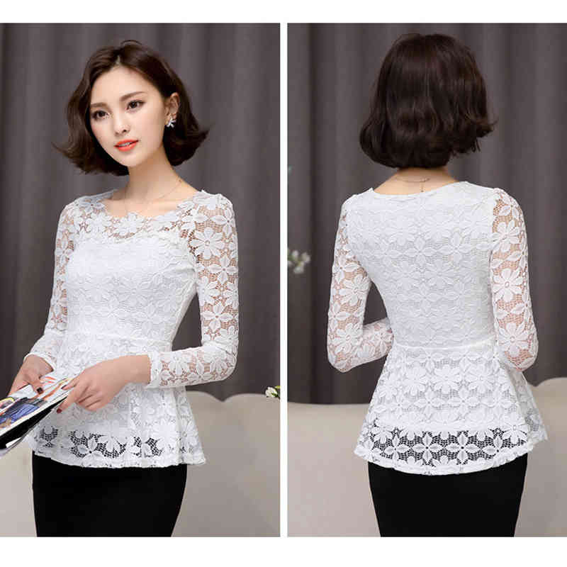 Spring Blusas Top Flowers White Lace Blouse Women Slim Long Sleeve Shirt Female Vintage Ruffle Chemise Femme 817C5 210420