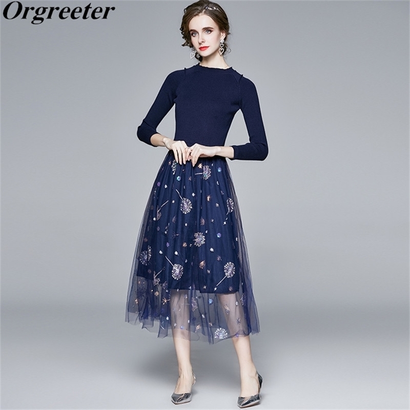 Elegant Lady Mesh Patchwork Knitted Dress Fall Winter O-neck Long Sleeve Sequined Embroidery Sweater 210602, Navy blue
Elegant Lady Mesh Patchwork Knitted Dress Fall Winter O-neck Long Sleeve Sequined Embroidery Sweater 210602, Navy blue