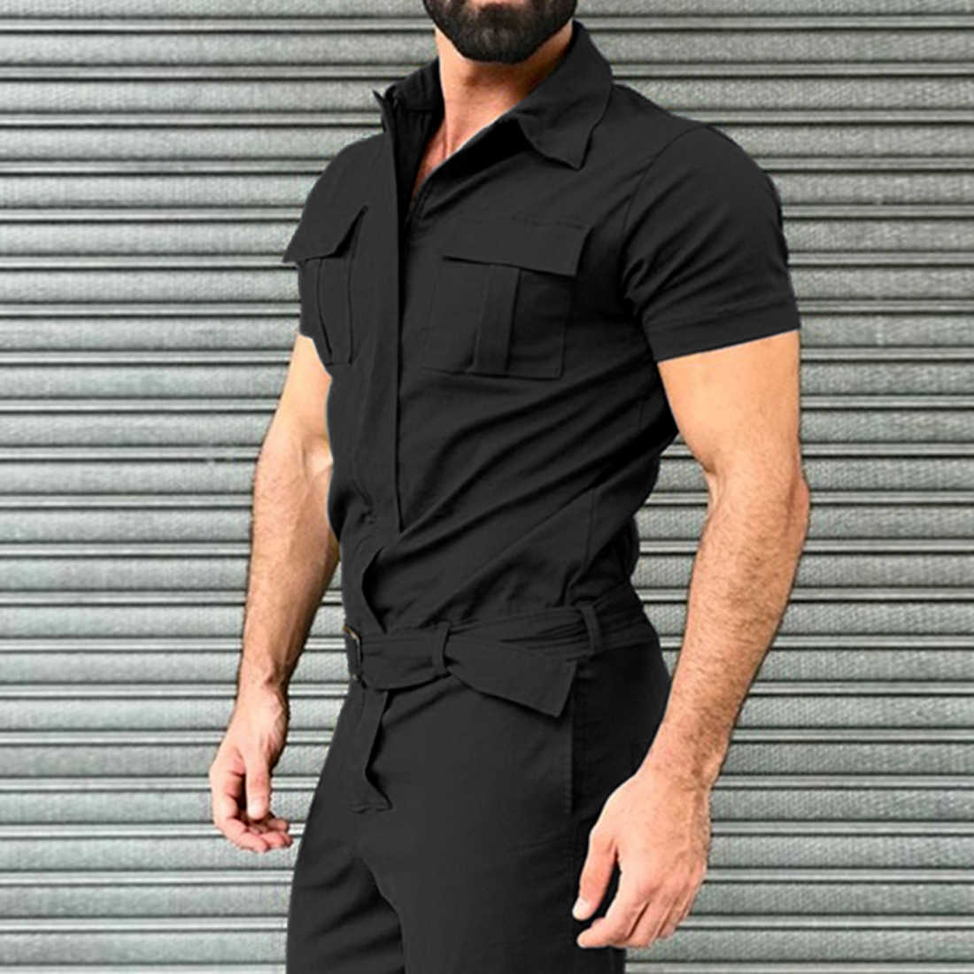 New Cotton Blends Jumpsuit Mens Overalls Casual Notched Short Sleeve Rompers Solid Color Overall Zipper Romper Pocket Trousers X0621