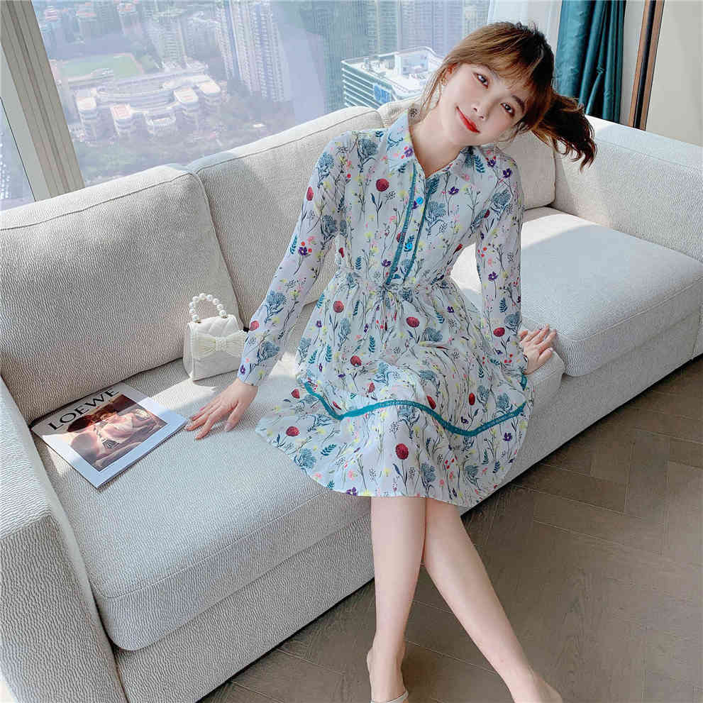 Spring Casual Vintage Floral Printed Shirt Dresses For Women Long Sleeve Loose Ruffles Elegant Bow Chic Dress Lady Clothes Femme 210515