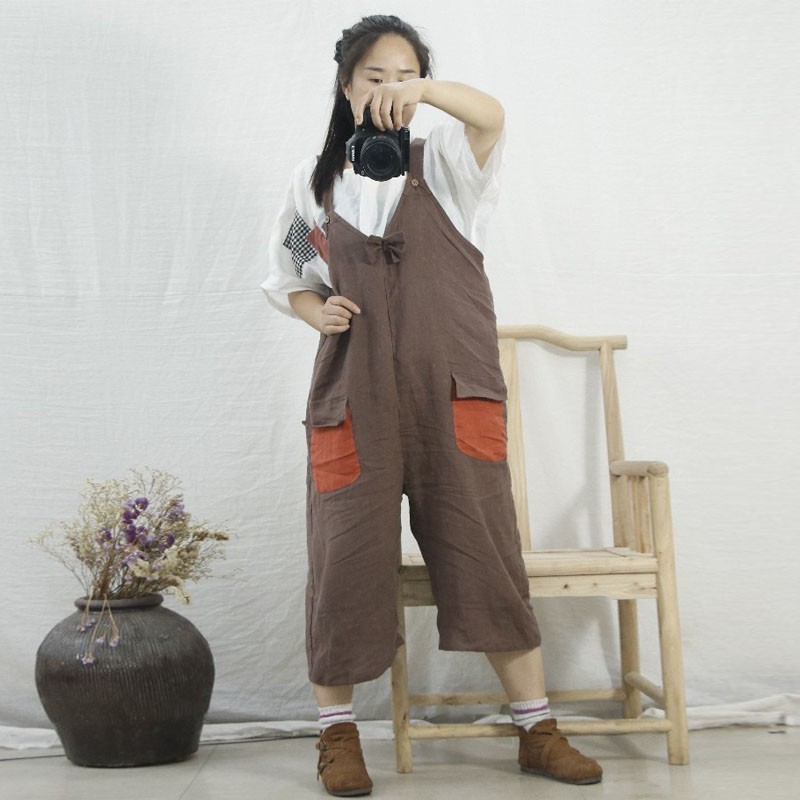 Johnature Autumn Cotton Linen Retro Patchwork Pocket Wide Leg Jumpsuits Loose Leisure All-match Women Calf-length Pants 210521, Brown 
Johnature Autumn Cotton Linen Retro Patchwork Pocket Wide Leg Jumpsuits Loose Leisure All-match Women Calf-length Pants 210521, Brown