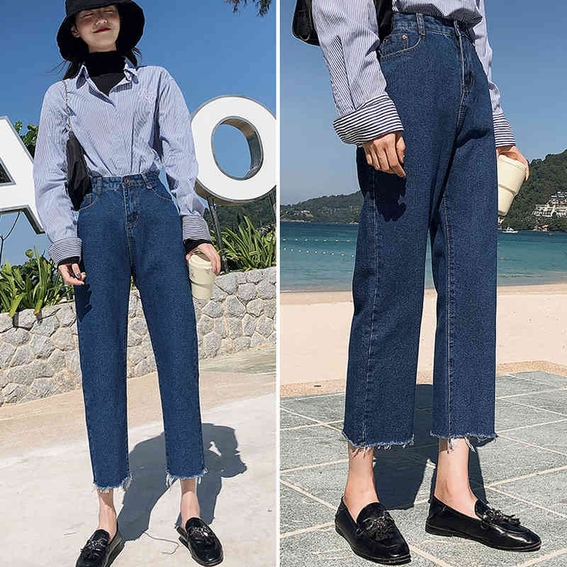Autumn Casual Denim TrouserHigh Waist Jeans Women Plus Size Boyfriend Straight Vintage with White Blue Black 10425 210518