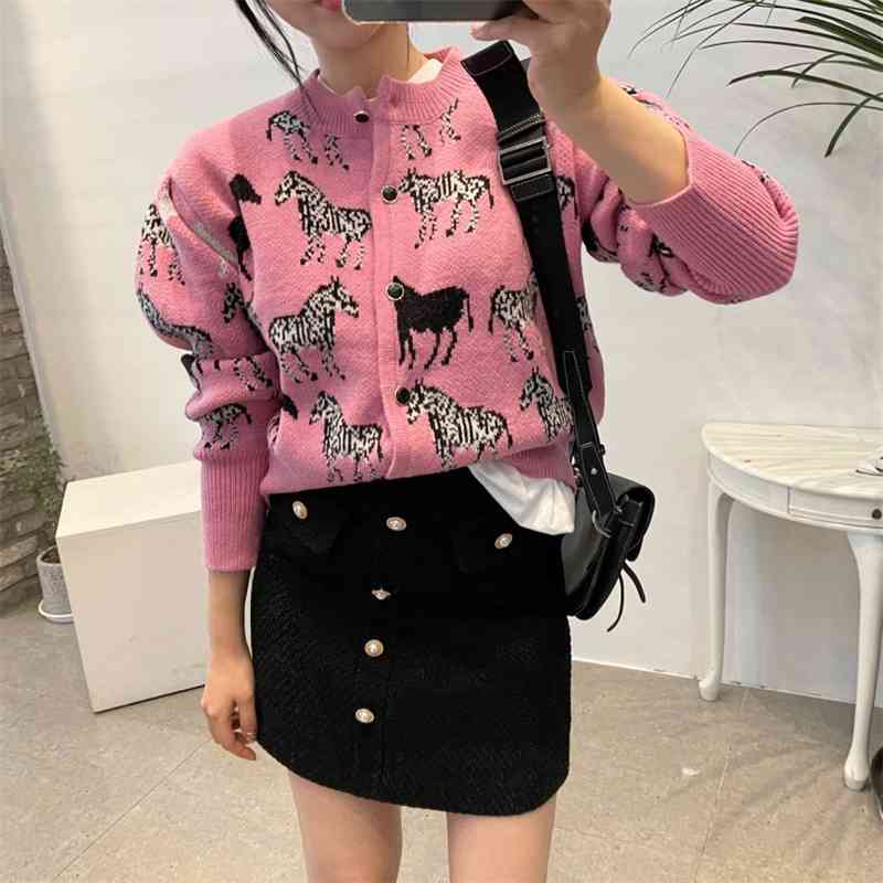 Zebra Knitted Single-breasted Women Cardigan Sweater Spring Autumn Full Sleeve O-neck Korean Vintage Elegant Fashion Jumper 210514
