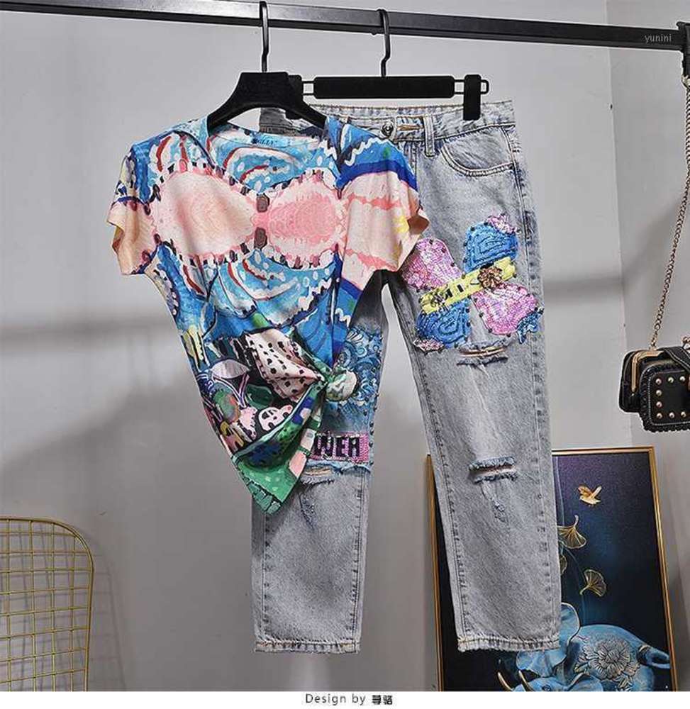 Holes Jeans Sets for Women Summer New European Retro Print Short Sleeve T-shirt + Denim Jeans Pants Two-Piece Suit Harajuku1, White
Holes Jeans Sets for Women Summer New European Retro Print Short Sleeve T-shirt + Denim Jeans Pants Two-Piece Suit Harajuku1, White