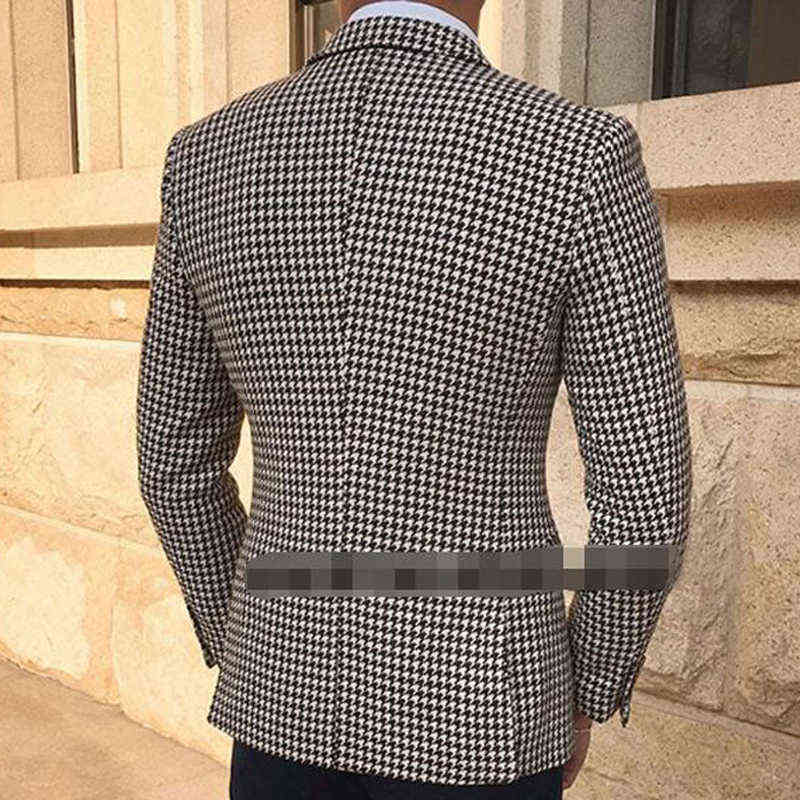 Houndstooth Plaid Casual Blazer for Men Suit Jacket with 2 Side Slit Slim Fit Male Coat Fashion Clothes Arrival 211111