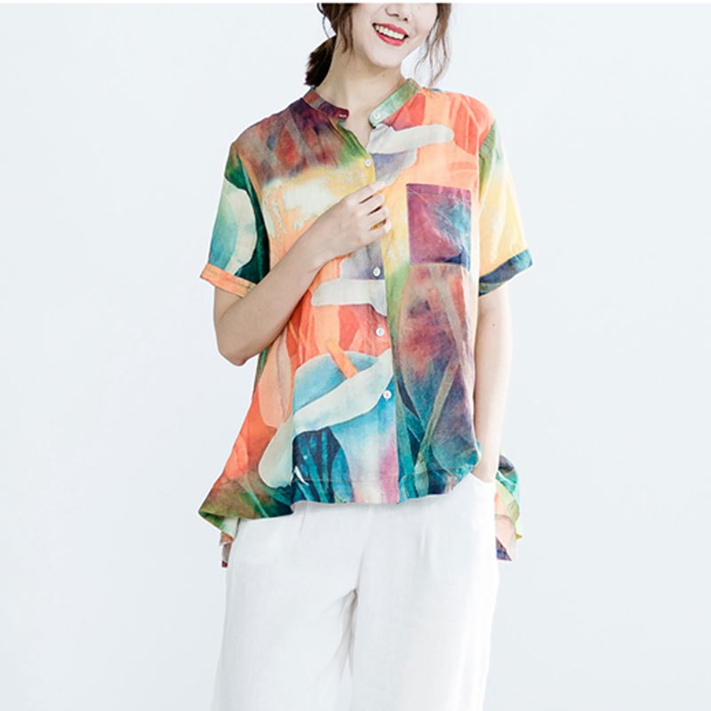 Women Blouse Shirts Plus Size Female Clothing Vintage Print Casual Basic Tops Summer Short Sleeve Blusas Feminina Z502 210512