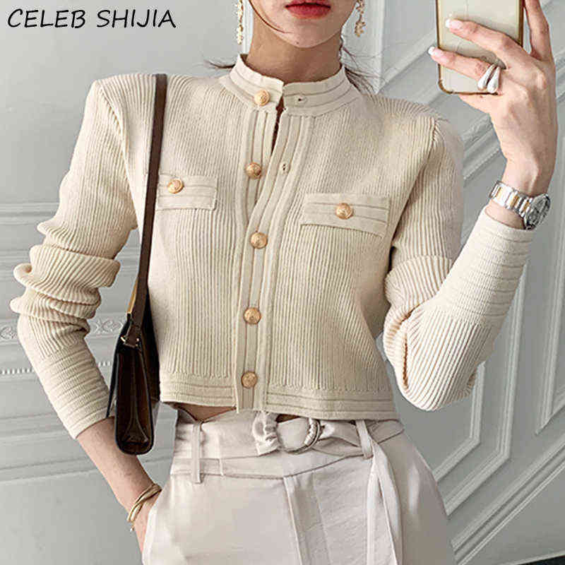 Chic Blue Knitted Cardigan Woman Gold Button Vintage Sweater Female Single-breasted Business Cropped Sweater Woman Tops 211117