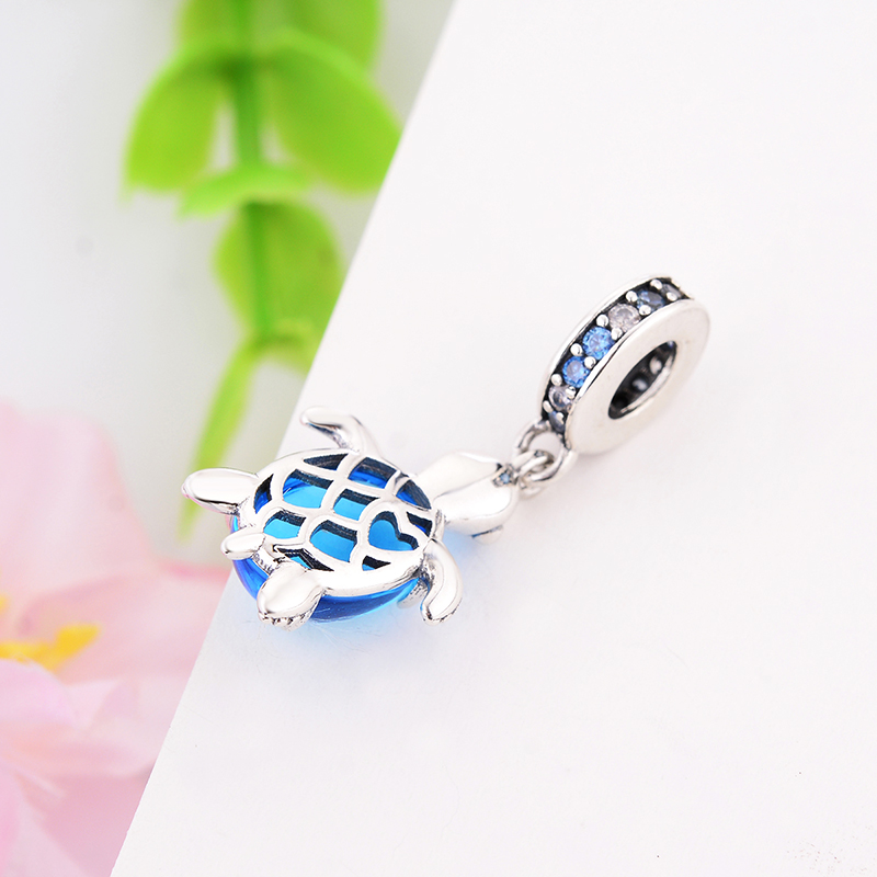 Fit Original Brand Charm Bracelet Authentic 925 Silver Cute Animal Tortoise Deep Blue Murano Glass Turtle Pendant Bead For Making Berloque