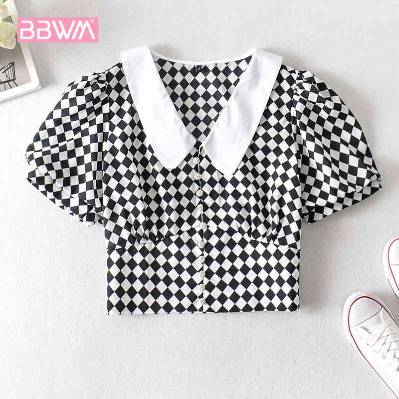Black White Plaid Short Waist Korean Stitching V-neck Female Shirt French Elegant Small Fragrance Nails Sweet Women's Tops 210507