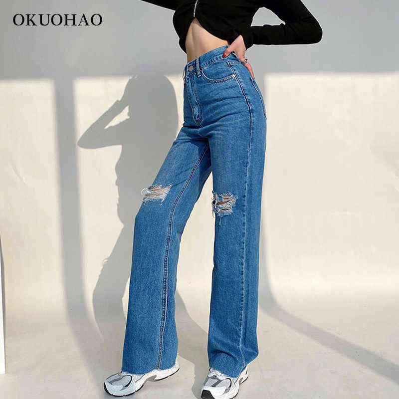 Women's Fashion Jeans High Waist Ripped Wide Leg Loose Denim Trousers For Female Baggy Mom Straight Pants Casual Y2k Jean 211129