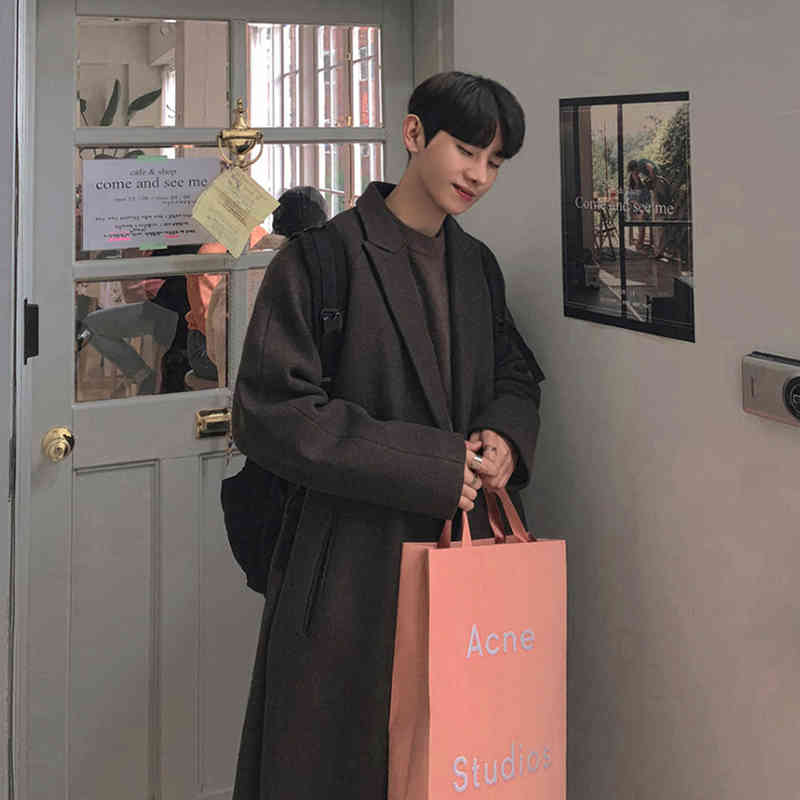 IEFB Men's Autumn Winter Thickened Woolen Coat Men's Medium Long Over The Knee Korean Single Button Overcoat With Belt 9Y5235 210524