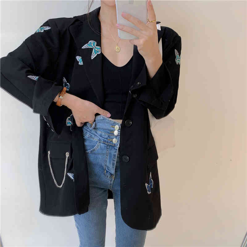 OL Fashion Single-breasted Butterfly Embroidery Blazer Coat Women Elegant Tops Notched Suit Jacket Loose Blazers 210421