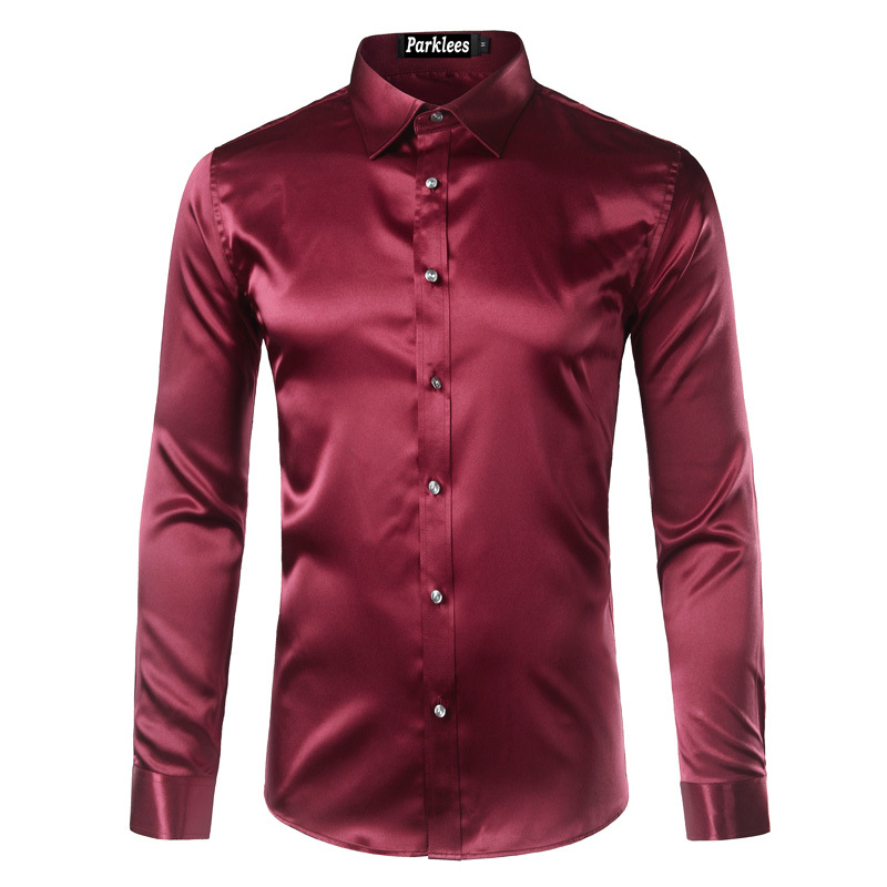 High Quality Silk Satin Shirt Men Chemise Homme Casual Long Sleeve Slim Fit Mens Dress Shirts Business Wedding Male Shirt 210410