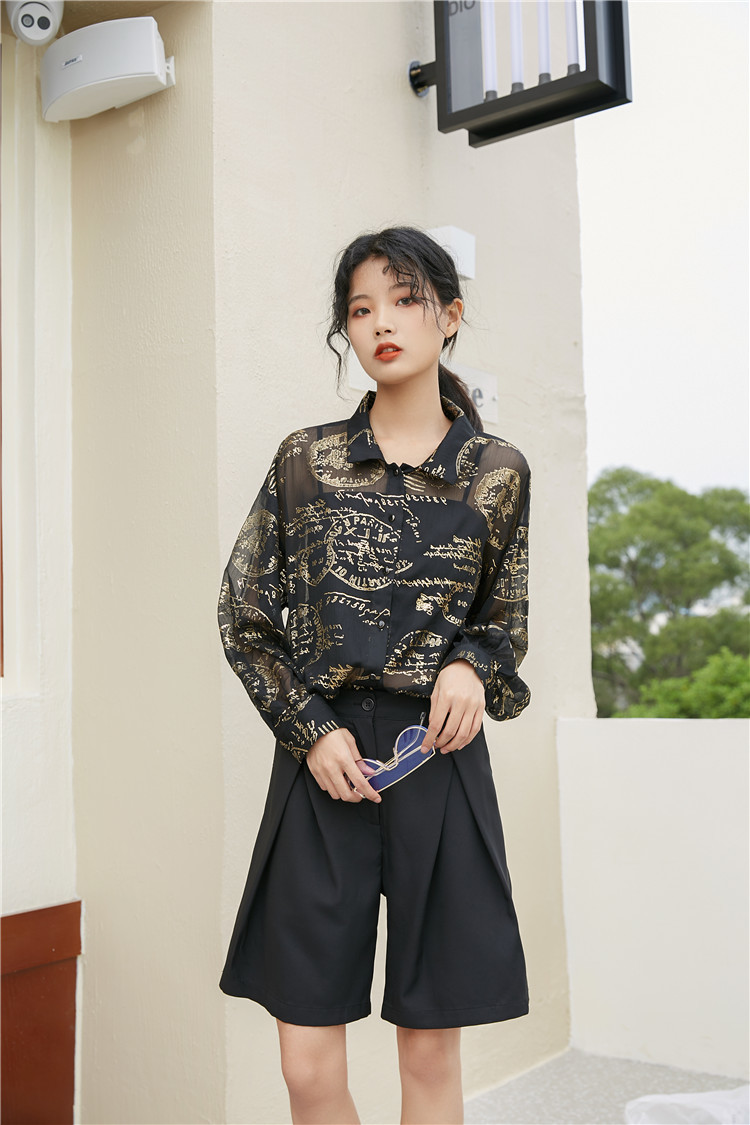 Vintage Gold Wash Chiffon Korean Blouse Long Sleeve Black Button Up Shirt Women Sheer Top Letter Print See Through 210427