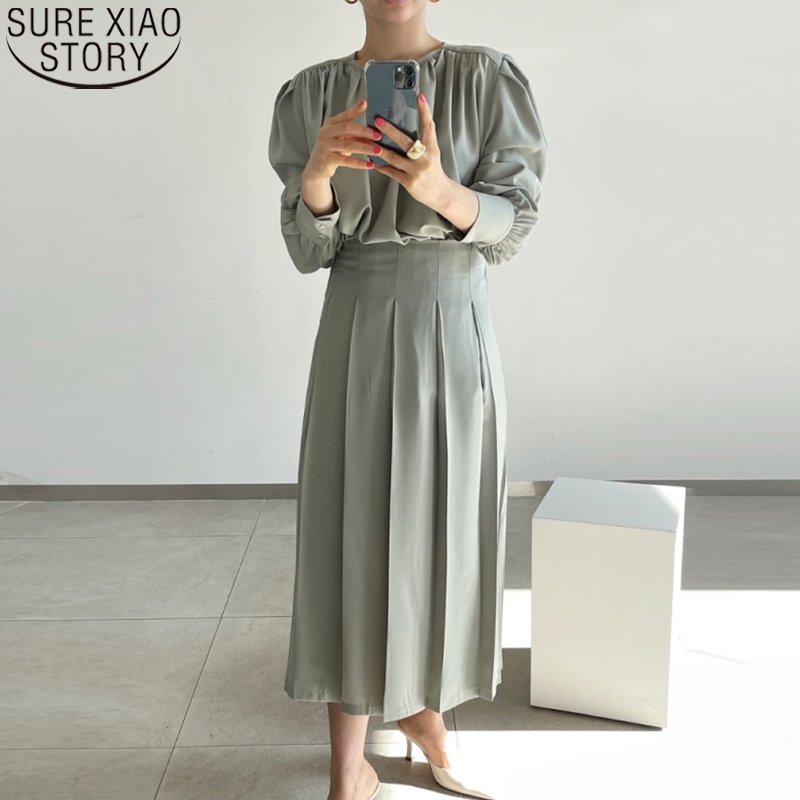 Causal Women Tops Solid Green Blouse Plus Size Loose Clothing Fashion Round Collar Spring Long Sleeve Shirt Vintage 13353 210506