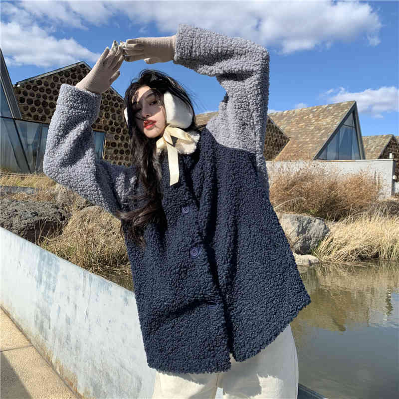 autumn and winter korean style turn down collar vintage lamb wool warm coats and jackets womens cotton coats (C2955) 210423