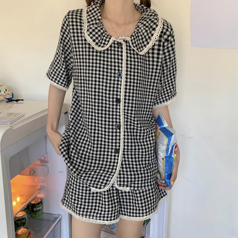 Korobov Women Striped Short Sleeve Turn-Down Collar Blouses And High Waist Elastics Shorts 2 Pieces Sets Sweet Pockets Suits Two Piece Dress