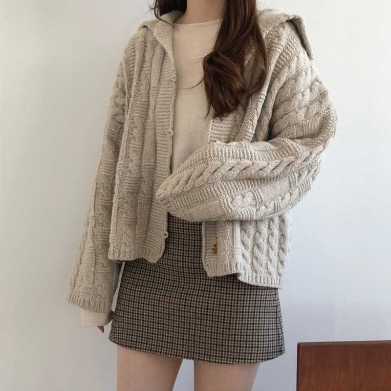 Yitimoky Women Cardigan Ribbed Sweaters Sailor Collar Vintage Knitted Top Autumn Winter Clothes Casual Korean Outwears 210914